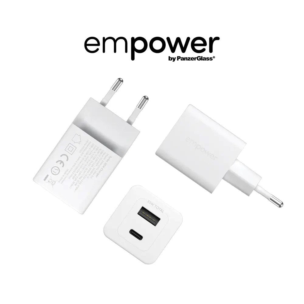 empower by PanzerGlass Turbo 35W Vegglader m. 1x USB-A & 1x USB-C – Silver White