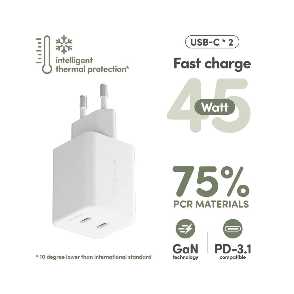 empower by PanzerGlass Turbo 45W Vegglader m. 2x USB-C – Silver White