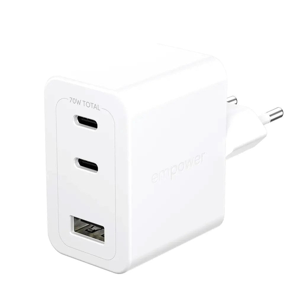 empower by PanzerGlass Turbo 70W Vegglader m. 1x USB-A & 2x USB-C - Silver White