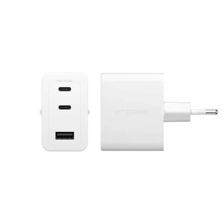 empower by PanzerGlass Turbo 70W Vegglader m. 1x USB-A & 2x USB-C - Silver White