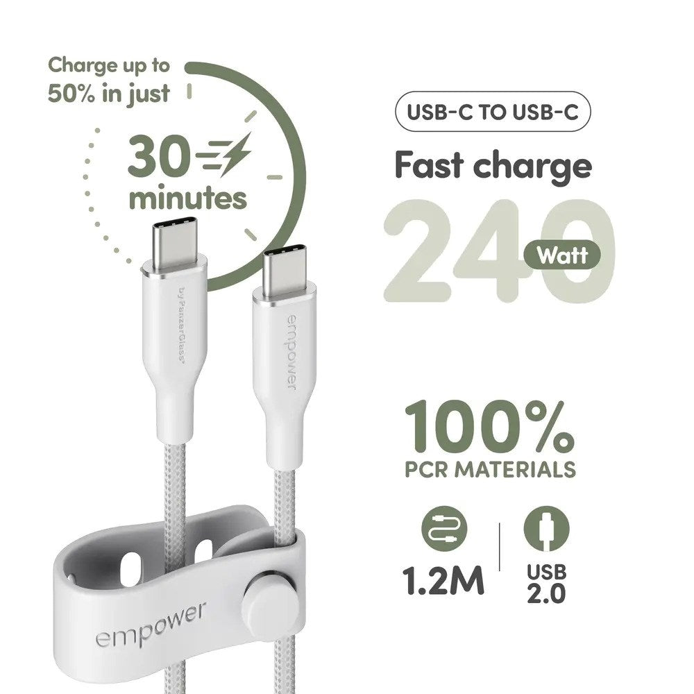 empower by PanzerGlass Racing 240W USB-C til USB-C Kabel – 1.2m – Silver White