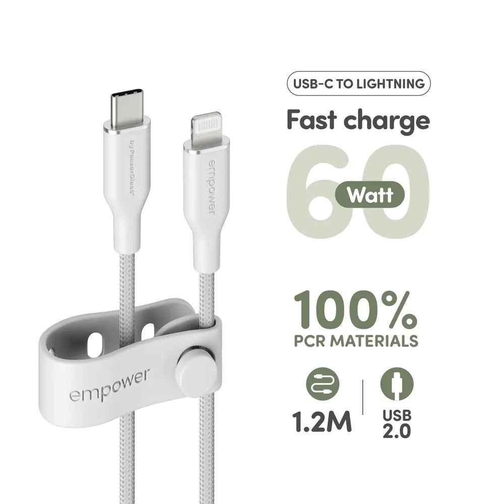empower by PanzerGlass Racing 60W USB-C til Lightning Kabel – 1.2m – Silver White