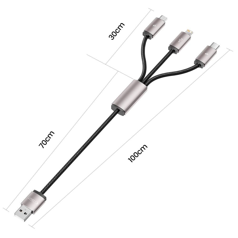 Tech-Protect Ultraboost 3-i-1 Lightning / USB-C / Micro-USB 3.5A-Kabel - 1 m - Grå