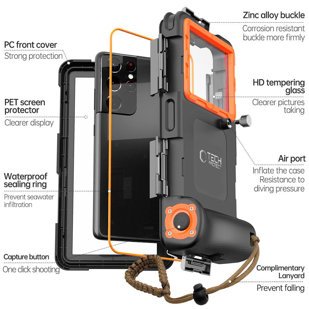 Tech-Protect IPX8 Vanntett Universaldeksel - Maks Størrelse 165 x 75 mm - Svart / Oransje