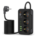 Tech-Protect Multifunksjonell Strømskinne med 3 x Uttak / 3 x USB-A / 3 x USB-C - 2m - Svart
