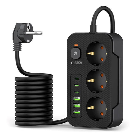 Tech-Protect Multifunksjonell Strømskinne med 3 x Uttak / 3 x USB-A / 3 x USB-C - 2m - Svart