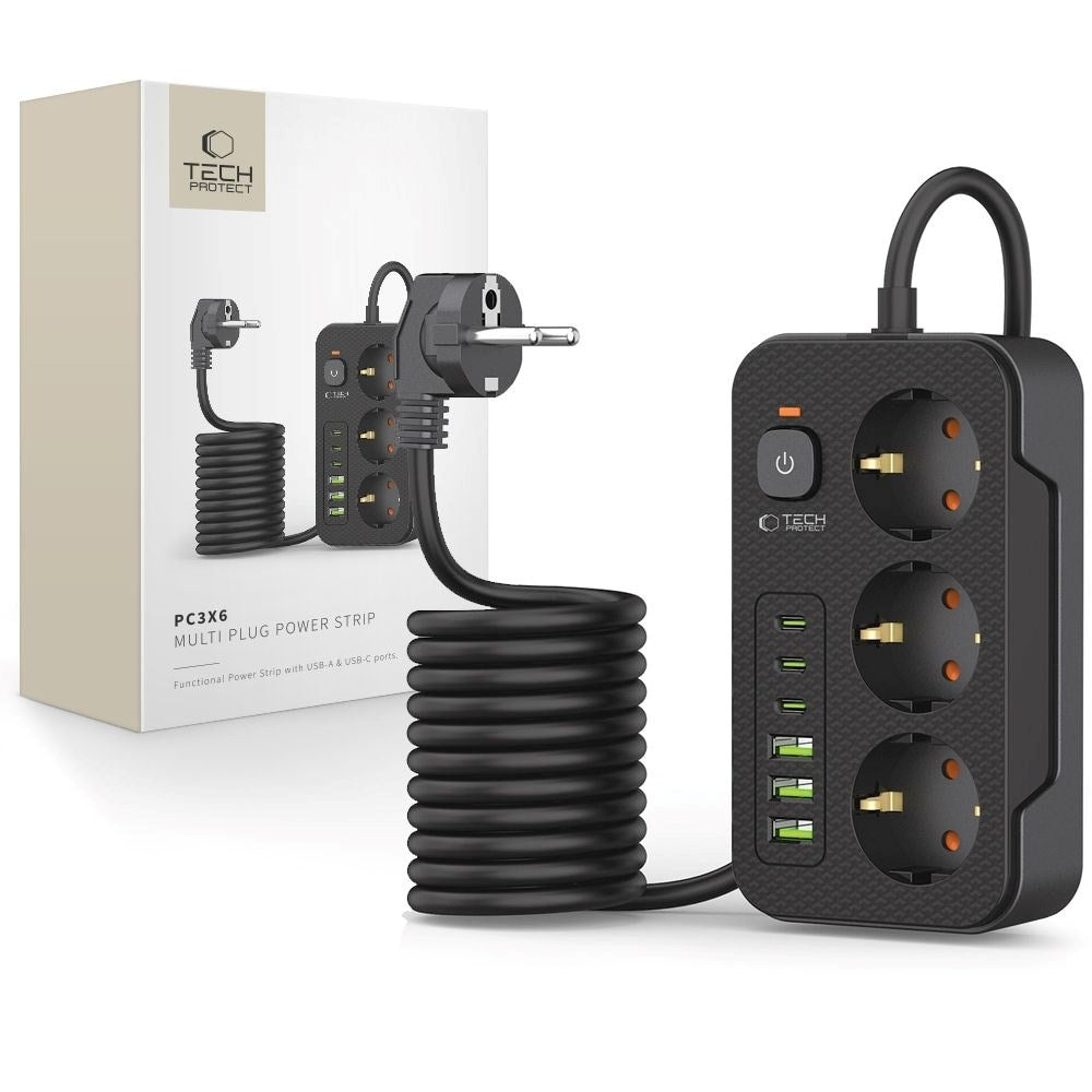 Tech-Protect Multifunksjonell Strømskinne med 3 x Uttak / 3 x USB-A / 3 x USB-C - 2m - Svart