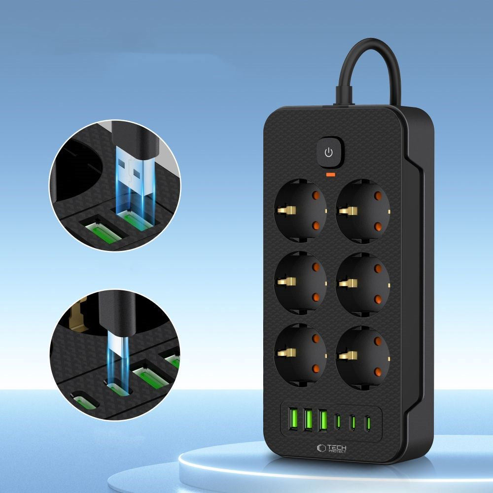 Tech-Protect Multifunksjonell Strømskinne med 6 x Uttak / 3 x USB-A / 3 x USB-C - 2m - Svart