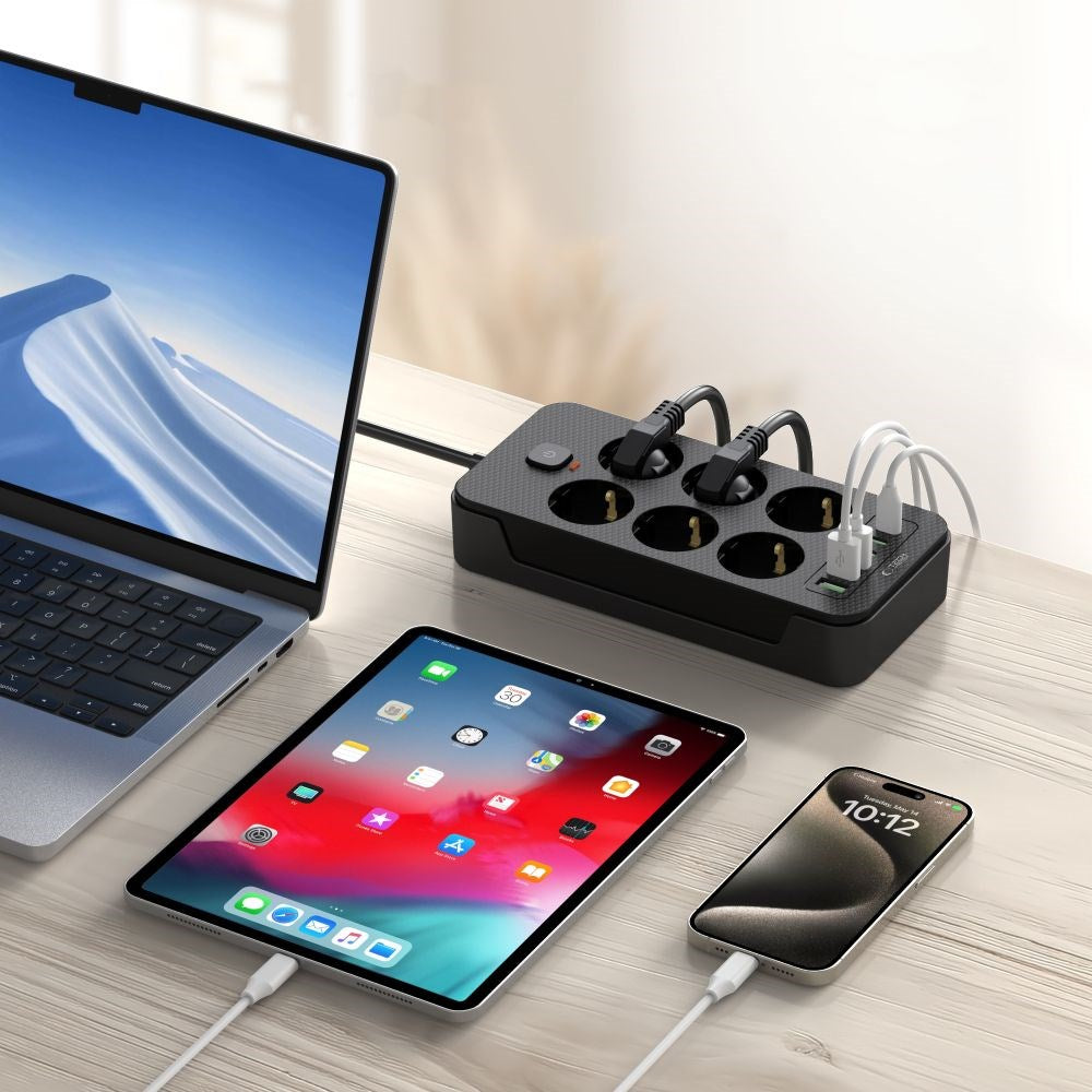 Tech-Protect Multifunksjonell Strømskinne med 6 x Uttak / 3 x USB-A / 3 x USB-C - 2m - Svart