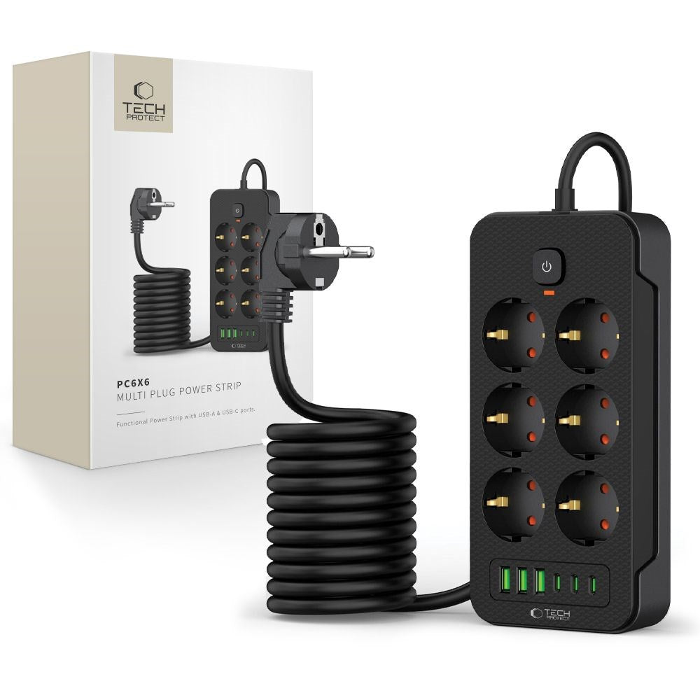Tech-Protect Multifunksjonell Strømskinne med 6 x Uttak / 3 x USB-A / 3 x USB-C - 2m - Svart