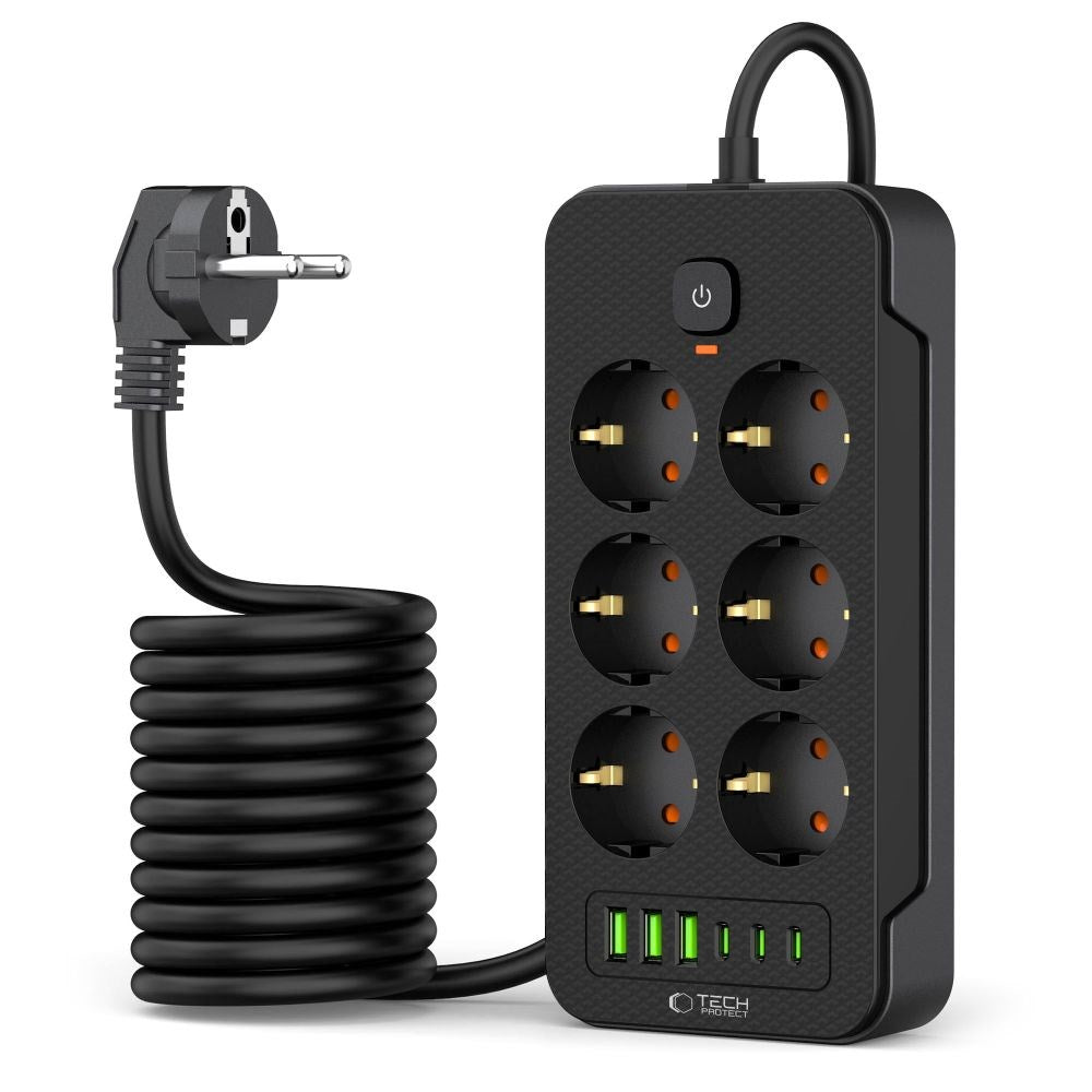 Tech-Protect Multifunksjonell Strømskinne med 6 x Uttak / 3 x USB-A / 3 x USB-C - 2m - Svart