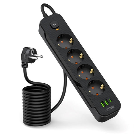 Tech-Protect Multifunksjonell Strømskinne med 4 x Uttak / 2 x USB-A / 1 x USB-C - 2m - Svart