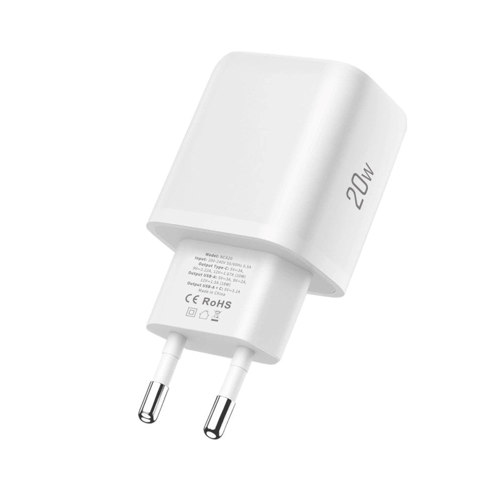 Tech-Protect NCA20 Vegglader med 20W - 1 x USB-A & 1 x USB-C - Hvit