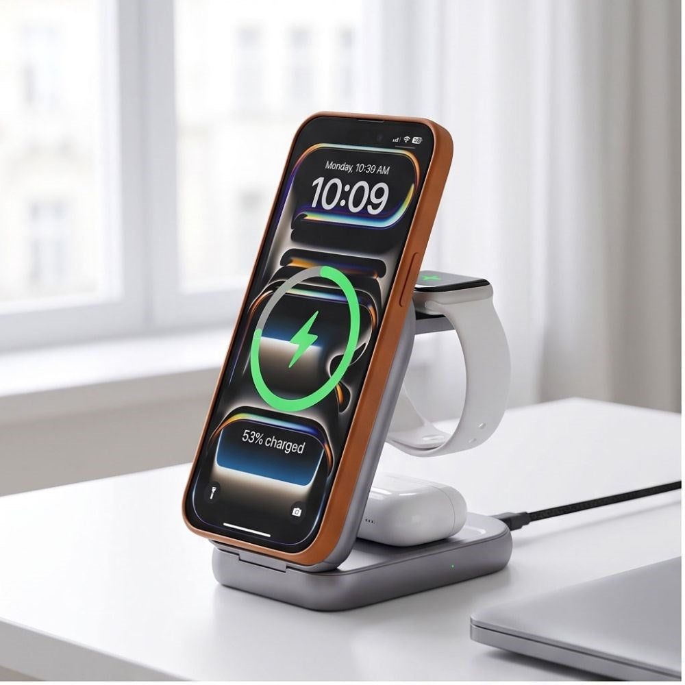 Tech-Protect A53 3-i-1 25W Trådløs Lader: Smarttelefon & Smartklokke & Øretelefoner - MagSafe / Qi2 Kompatibel - Mørkegrå