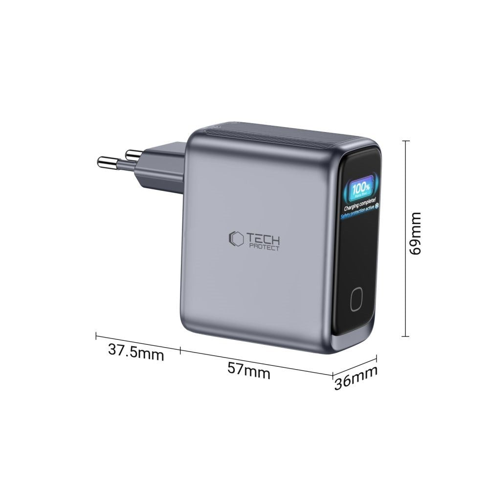 3-i-1 Vegglader 100W m. 1x USB-A og 2x USB-C Tech-Protect PowerVision NC100W-GaN - Grå