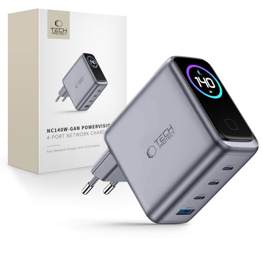 4-i-1 Vegglader 140W m. 1x USB-A og 3x USB-C Tech-Protect PowerVision NC140W-GaN - Grå