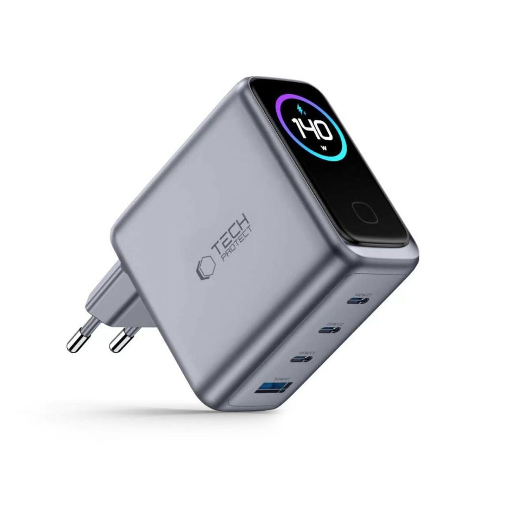 4-i-1 Vegglader 140W m. 1x USB-A og 3x USB-C Tech-Protect PowerVision NC140W-GaN - Grå