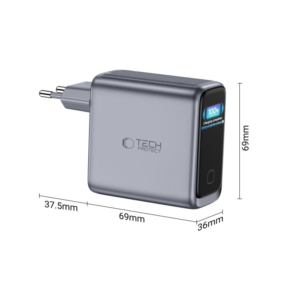 4-i-1 Vegglader 140W m. 1x USB-A og 3x USB-C Tech-Protect PowerVision NC140W-GaN - Grå