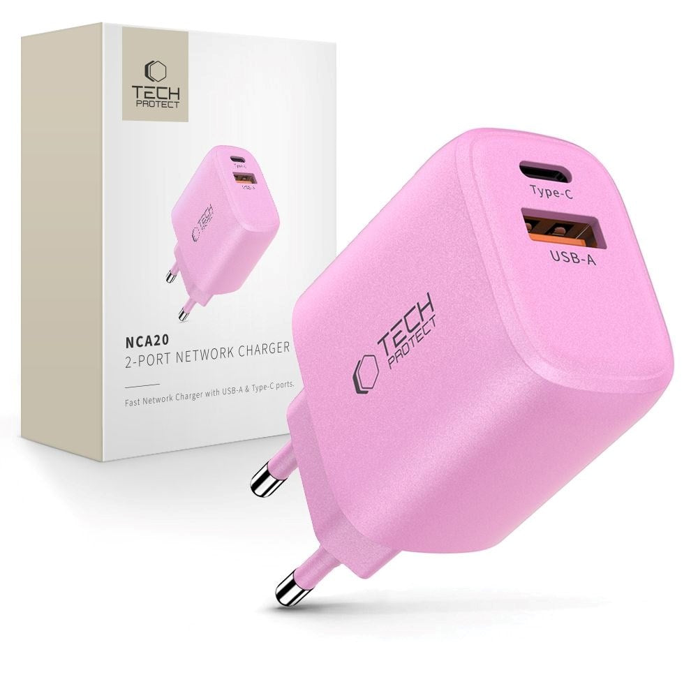 Tech-Protect NCA20 Vegglader med 20W - 1 x USB-A & 1 x USB-C - Rosa