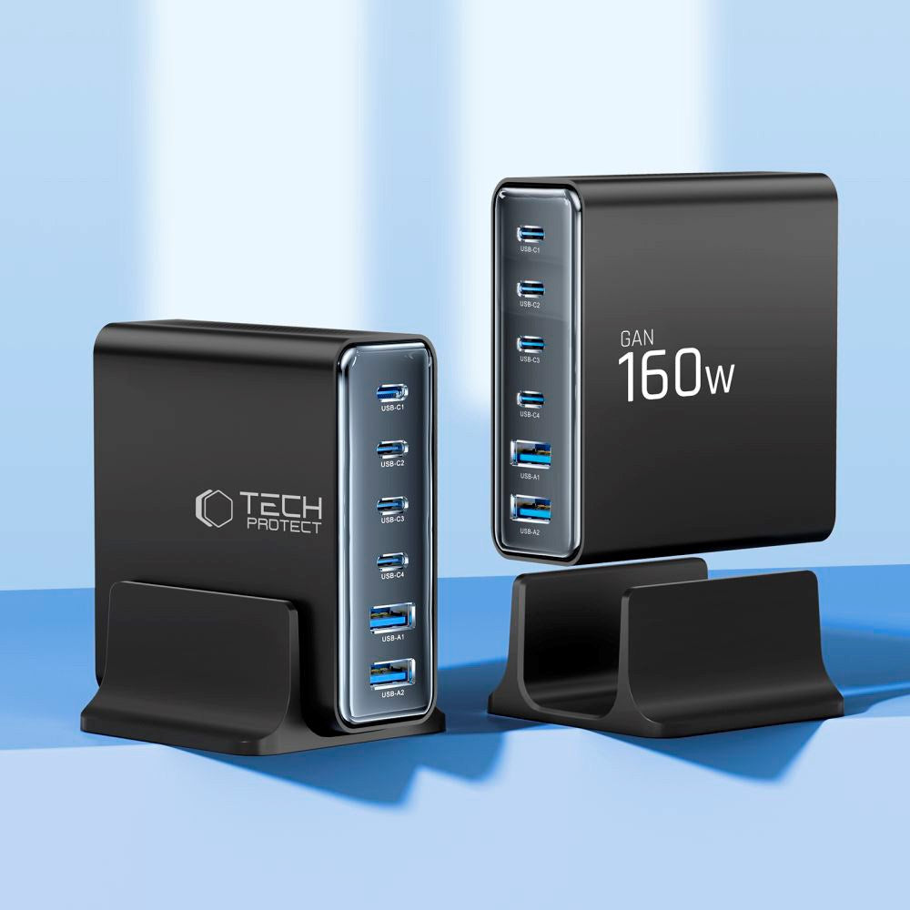 Tech-Protect 160W GaN Bordlader m. 2 x USB-A & 4 x USB-C – Svart