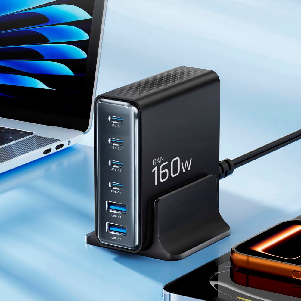 Tech-Protect 160W GaN Bordlader m. 2 x USB-A & 4 x USB-C – Svart