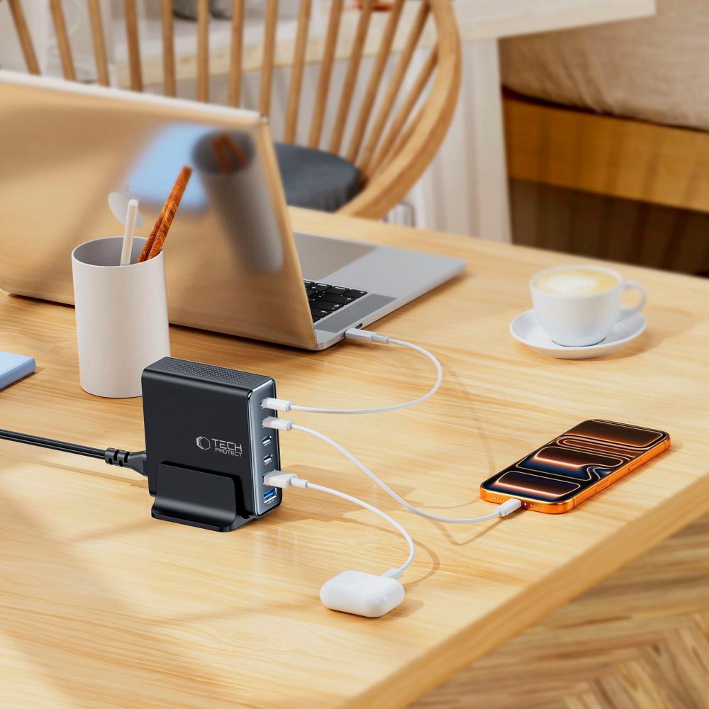 Tech-Protect 160W GaN Bordlader m. 2 x USB-A & 4 x USB-C – Svart