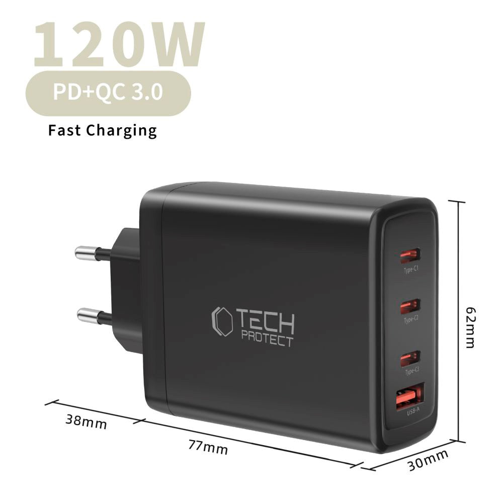 Tech-Protect 120W GaN Vegglader m. 1 x USB-A & 3 x USB-C – Svart