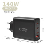 Tech-Protect 140W GaN Vegglader m. 1 x USB-A & 3 x USB-C – Svart