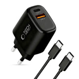 Tech-Protect 45W GaN Vegglader m. 1 x USB-A / 1 x USB-C / 1 x USB-C til USB-C Kabel – Svart