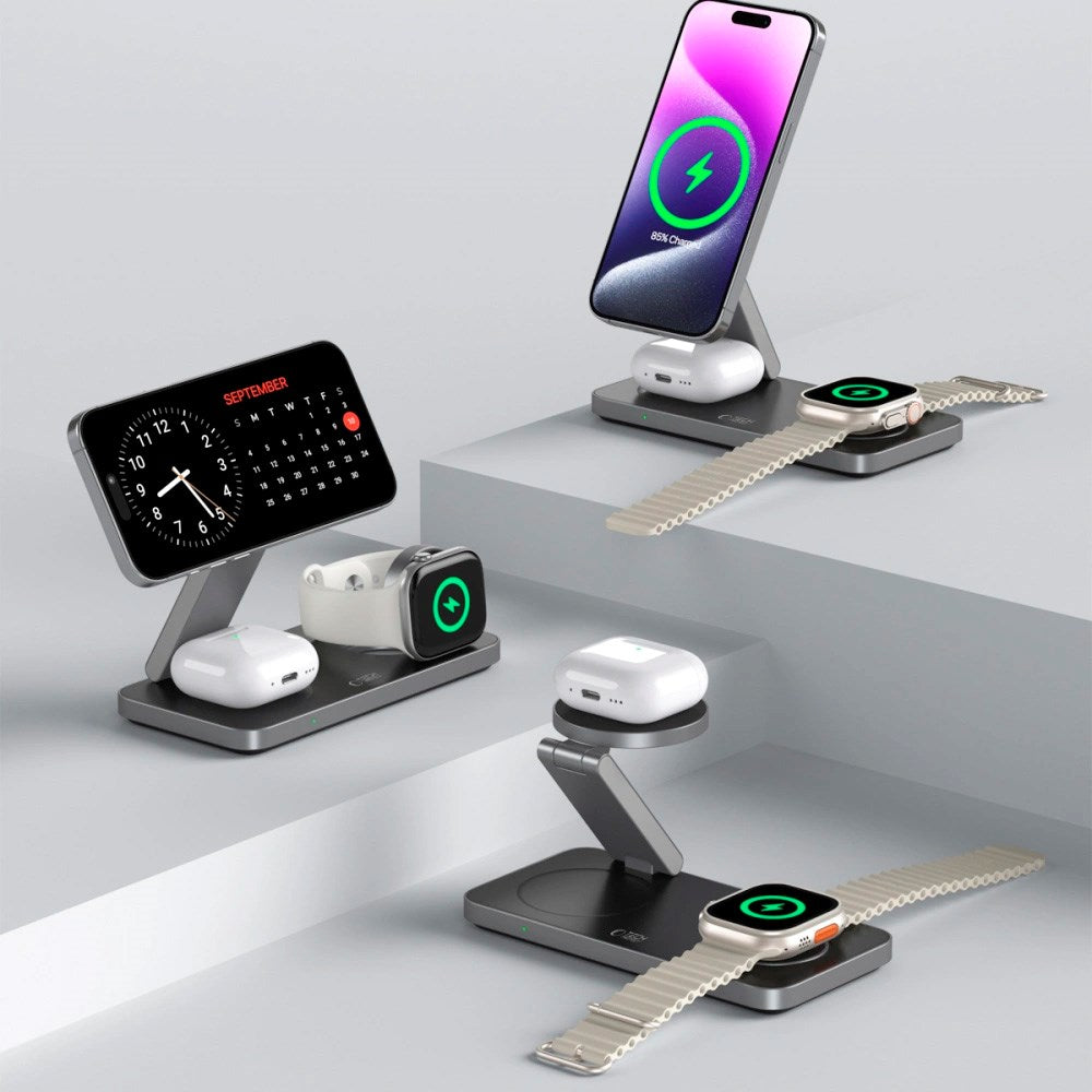 Tech-Protect 3-i-1 Magnetisk Trådløs Lader - MagSafe Kompatibel - 15W - Svart