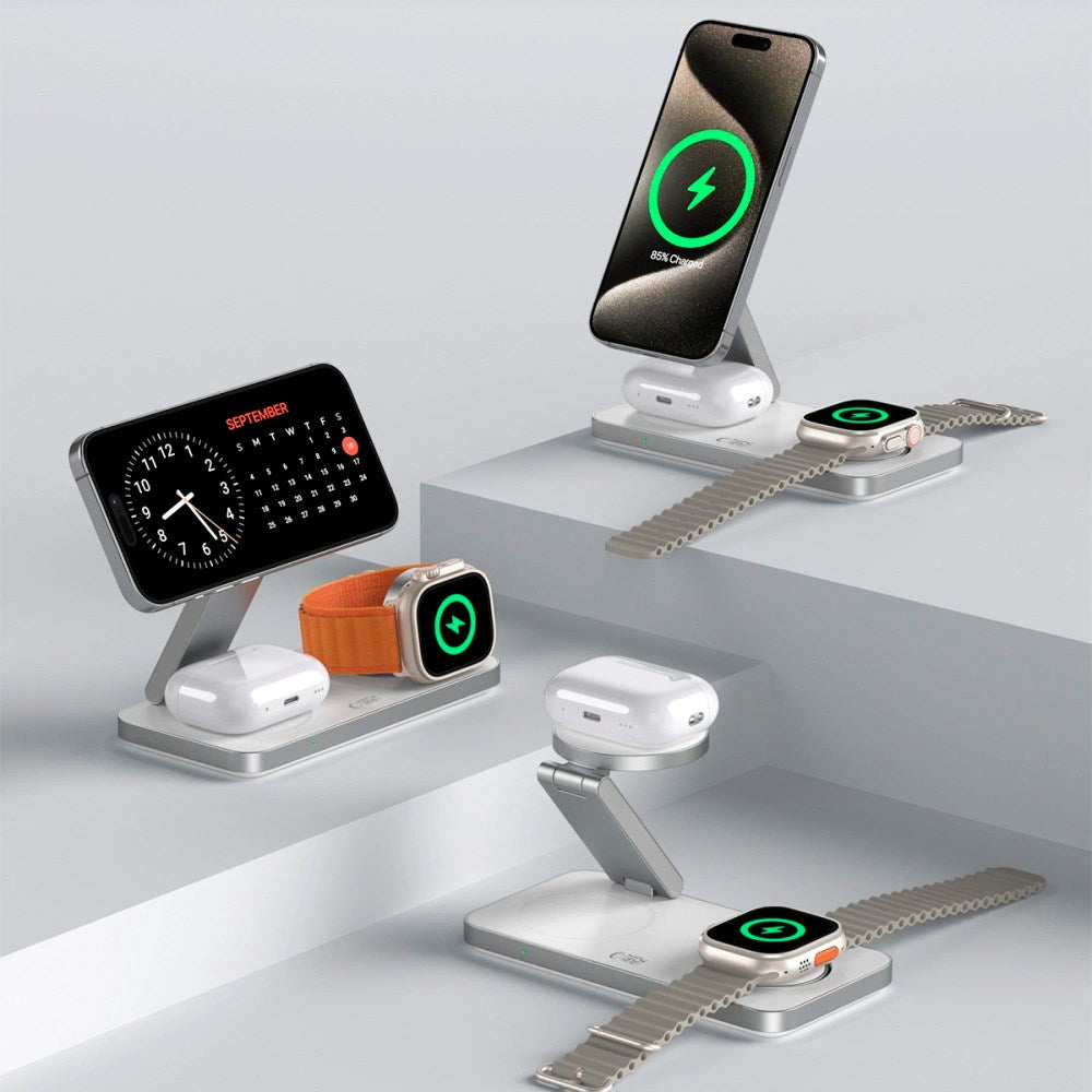 Tech-Protect 3-i-1 Magnetisk Trådløs Lader - MagSafe Kompatibel - 15W - Hvit