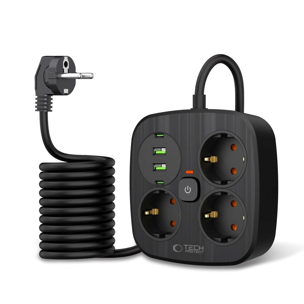 Tech-Protect Multifunksjonell Strømskinne med 3 x Uttak / 2 x USB-A / 2 x USB-C - 2m - Svart