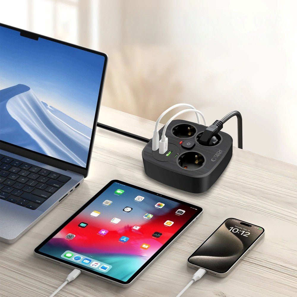 Tech-Protect Multifunksjonell Strømskinne med 3 x Uttak / 2 x USB-A / 2 x USB-C - 2m - Svart