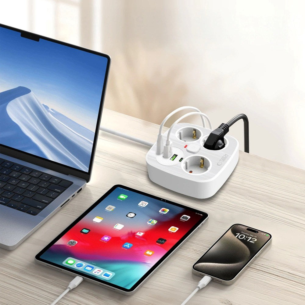Tech-Protect Multifunksjonell Strømskinne med 3 x Uttak / 2 x USB-A / 2 x USB-C - 2m - Hvit