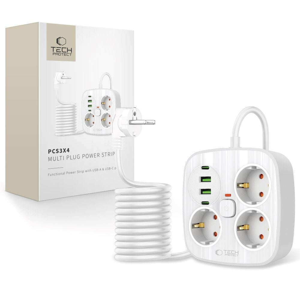 Tech-Protect Multifunksjonell Strømskinne med 3 x Uttak / 2 x USB-A / 2 x USB-C - 2m - Hvit