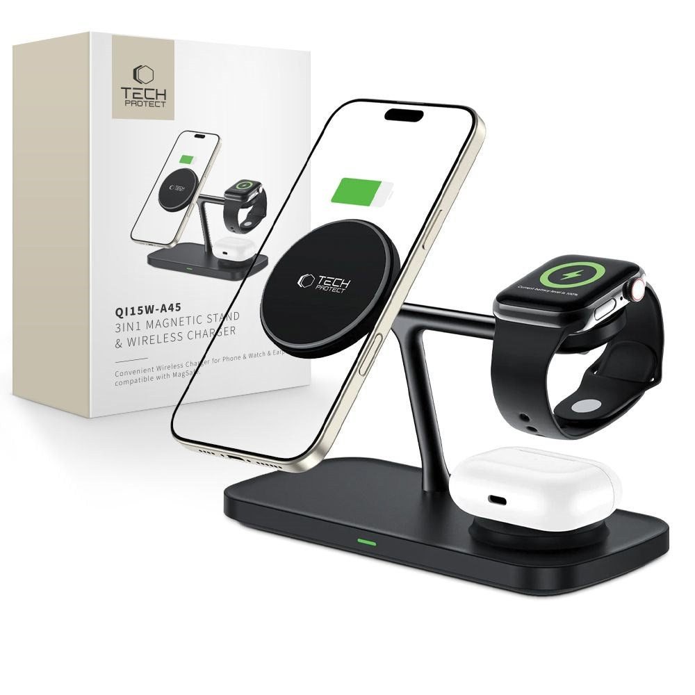 Tech-Protect 15W 3-i-1 Magnetisk Trådløs Lader - Qi2 / MagSafe Kompatibel - Svart