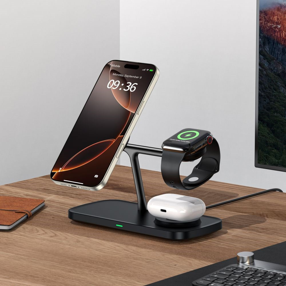 Tech-Protect 15W 3-i-1 Magnetisk Trådløs Lader - Qi2 / MagSafe Kompatibel - Svart
