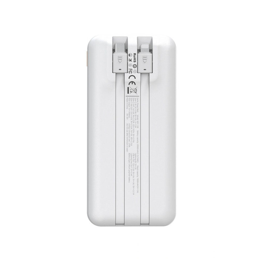 Wozinsky 20 000 mAh Powerbank med Innebygd USB-C & Lightning-Kabel - Hvit