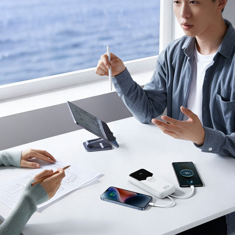 Wozinsky 20 000 mAh Powerbank med Innebygd USB-C & Lightning-Kabel - Hvit
