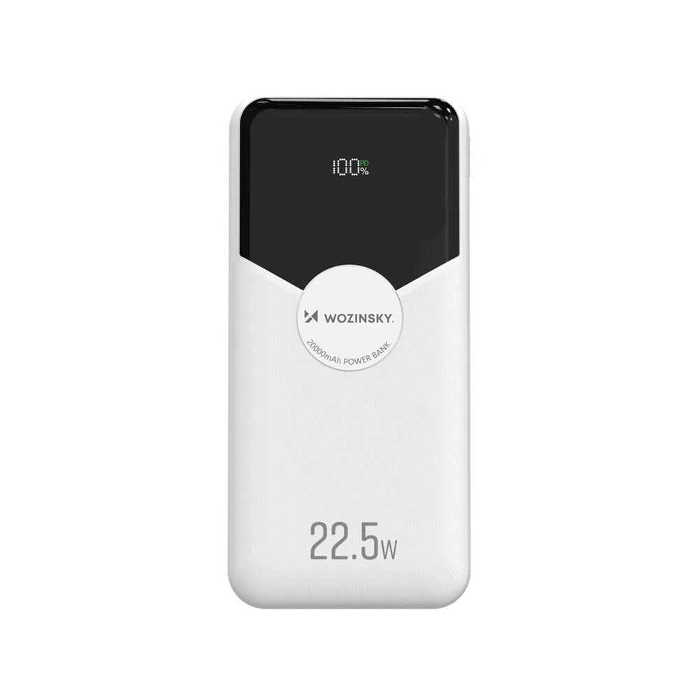 Wozinsky 20 000 mAh Powerbank med Innebygd USB-C & Lightning-Kabel - Hvit