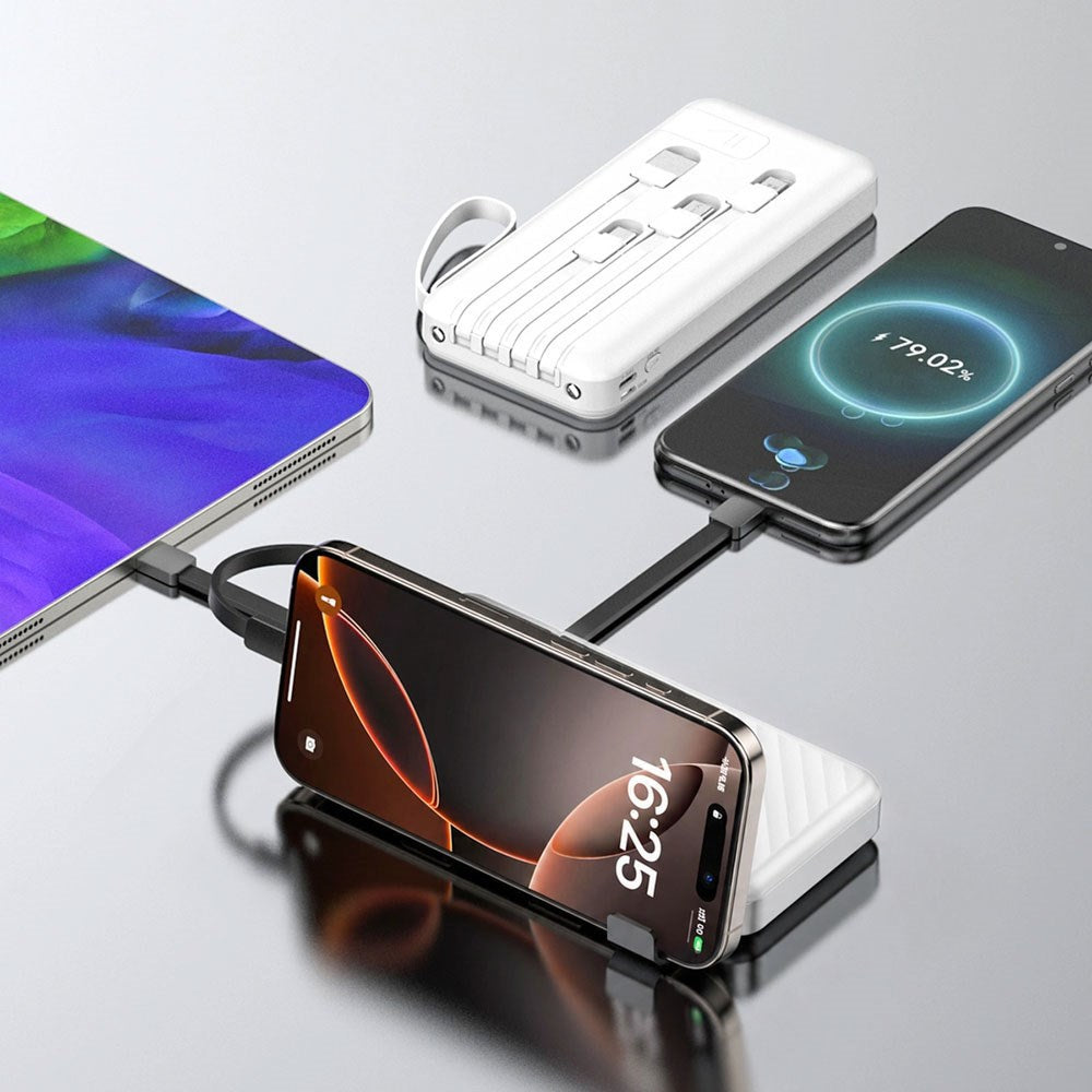 Wozinsky 10.000mAh Powerbank med Lommelygte & 4 x Inbygget Kabler - Hvid