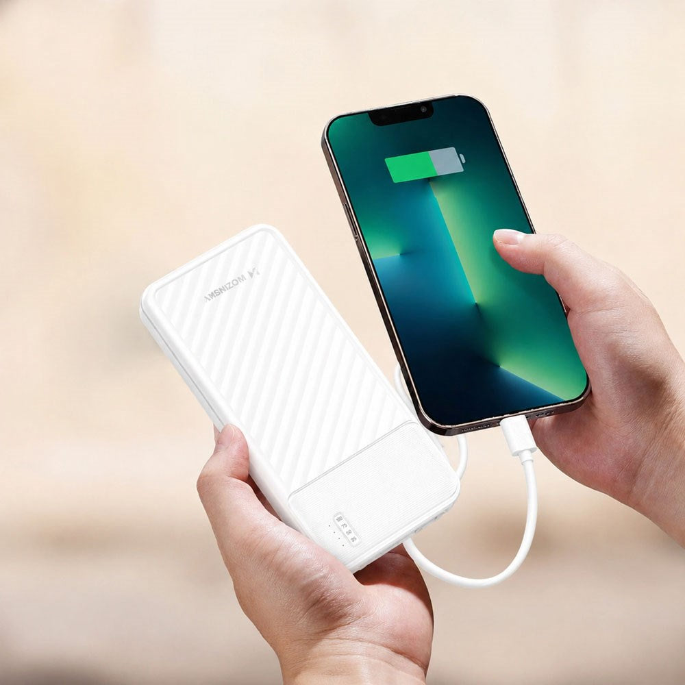 Wozinsky 10.000mAh Powerbank med Lommelygte & 4 x Inbygget Kabler - Hvid