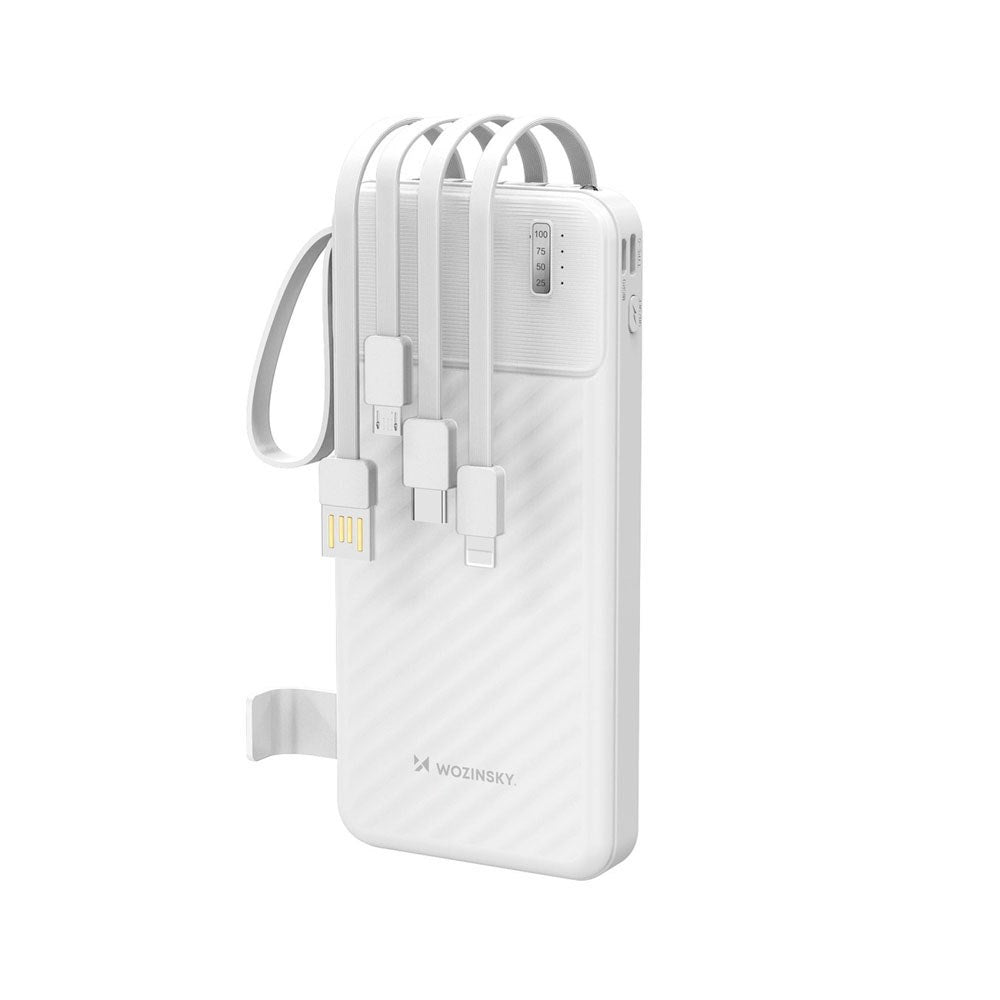 Wozinsky 10.000mAh Powerbank med Lommelygte & 4 x Inbygget Kabler - Hvid