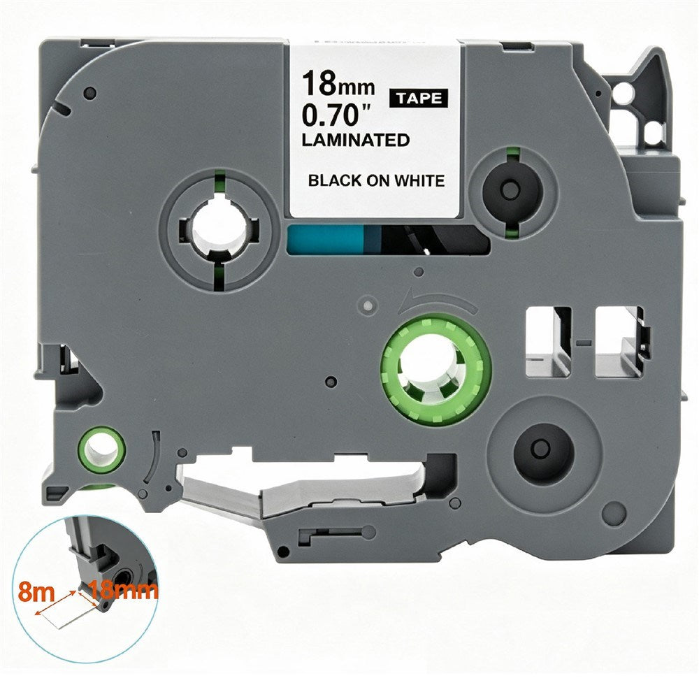 Kassett med 8mlaminert etikett-tape kompatibel med Brother P-Touch-etikettskrivere Svart på hvitt – 18mm
