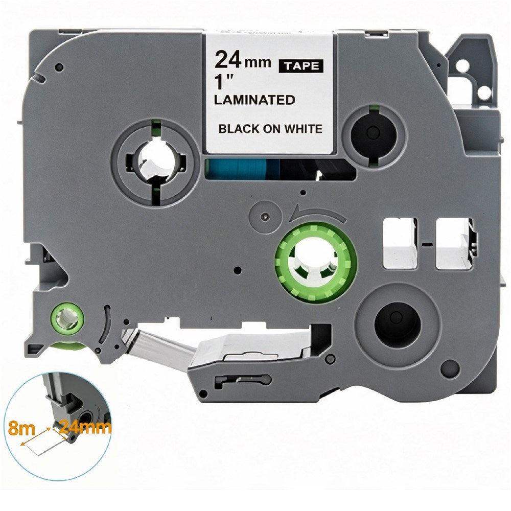 Kassett med 8mlaminert etikett-tape kompatibel med Brother P-Touch-etikettskrivere Svart på hvitt – 24mm