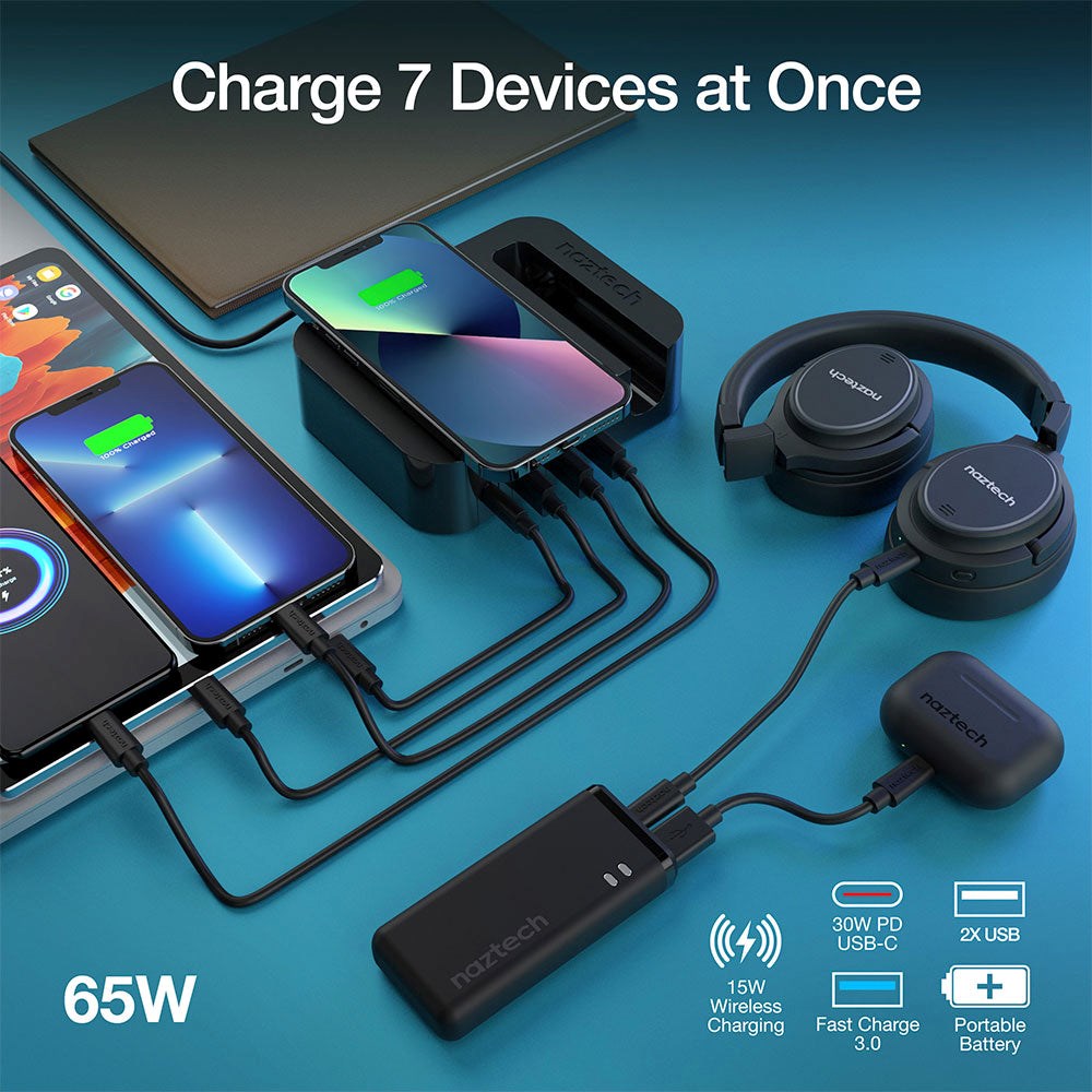 Naztech Dokkingstasjon 65W m. Trådløs lader, 3 x USB-A, 1 x USB-C, 1 x 4000mAh Powerbank og 20W Vegglader - Svart