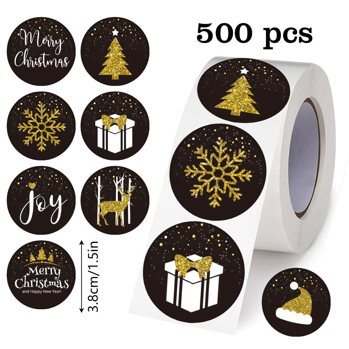 Rull med 500 Klistremerker - 7 Design - Jul / Gull