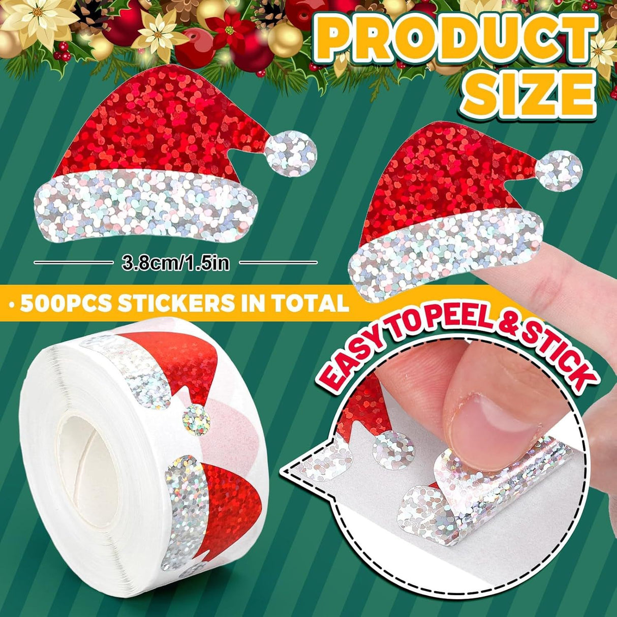 Rull med 500 Klistremerker m. Jule Design – Nisselue / Glitter