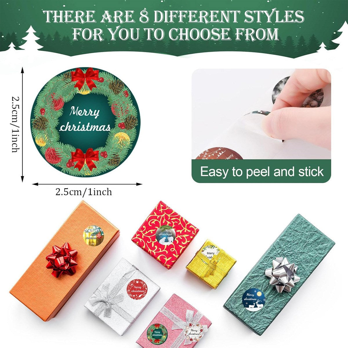 Rull med 500 Klistremerker - 8 Design - Merry Christmas