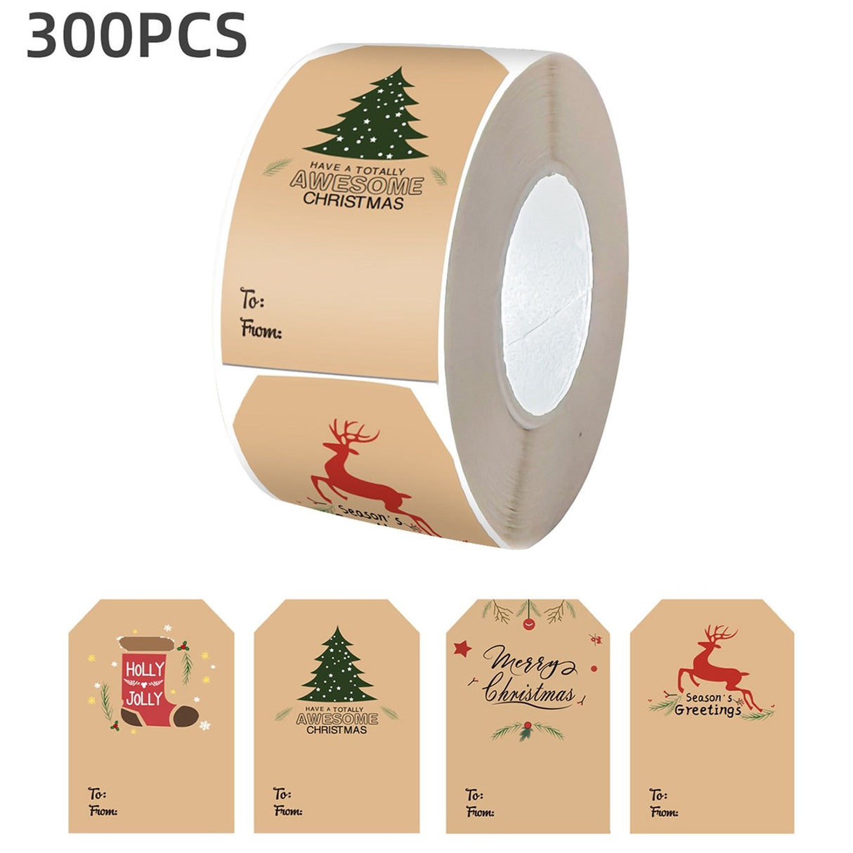 Rull med 300 Klistremerker med Til og Fra Kort - 4 Design - Jul